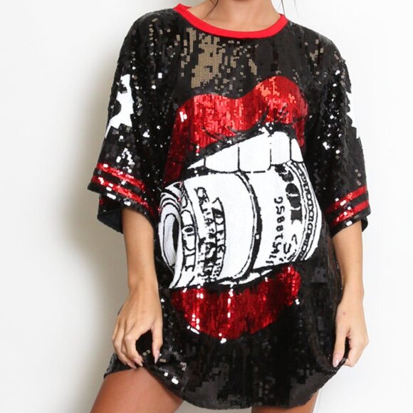 Dollar Lips Sequin T-Shirt Dress - Picture 2 of 4